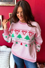Load image into Gallery viewer, Pink Festive Holiday Print Round Neck Loose Tunic Sweater