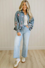 Load image into Gallery viewer, Sky Blue Floral Print Raw Seam Ruffle Hem Denim Jacket