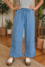Load image into Gallery viewer, Dusk Blue Ruffled Hem Wide Leg Chambray Pants
