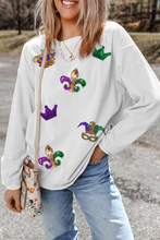 Load image into Gallery viewer, White Sequin Mardi Gras Symbol Crown Mask Patched Corded Sweatshirt