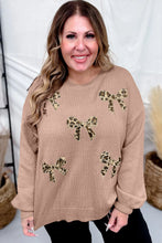 Load image into Gallery viewer, Dark Khaki Leopard Bow Embroidery Drop Shoulder Tunic Plus Size Sweater