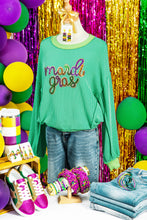 Load image into Gallery viewer, Bright Green Twisted Ribbed mardi gras Sequin Graphic Exposed Seam Patchwork Pullover Top