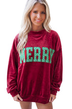 Load image into Gallery viewer, Burgundy Christmas Velvet Graphic Print Long Sleeve Sweatshirt