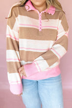 Load image into Gallery viewer, Pink Stripe Striped Colorblock V Neck Long Sleeve Tunic Sweater
