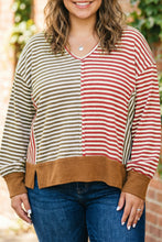 Load image into Gallery viewer, Brown Stripe Striped Colorblock V Neck Oversized Long Sleeve Plus Size Blouse