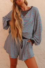 Load image into Gallery viewer, Blue Stripe Oversized Long Sleeve Top Drawstring Loose Shorts 2pcs Set