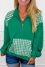 Load image into Gallery viewer, Navy Blue Patchwork Plaid Pocket Quarter Zip Sweatshirt