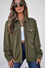 Load image into Gallery viewer, Blackish Green Solid Color Zip Up Button Flap Pocket Shirt Collar Jackets