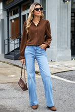 Load image into Gallery viewer, Coffee Solid Color Ruffle Trim V Neck Long Sleeve Button Corduroy Shakcet