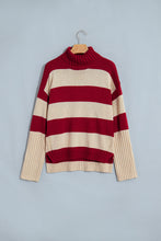 Load image into Gallery viewer, Red Stripe Ribbed Trim High Neck Relaxed Pullover Sweater