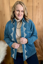 Load image into Gallery viewer, Blue Embroidered Corduroy V-Neck Long Sleeve Plus Size Shirt