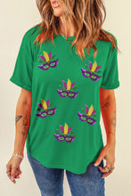 Load image into Gallery viewer, Bright Green Sequin Mardi Gras Mask Patched Pattern Crewneck Tee