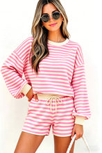 Load image into Gallery viewer, Pink Striped Long Sleeve Crew Neck Drawstring Waist Shorts Set