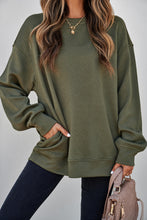 Load image into Gallery viewer, Coffee Solid Color Textured Round Neck Drop Shoulder Pullover Sweatshirt