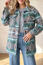 Load image into Gallery viewer, Green Geometric Print Button Front Long Sleeve Shacket