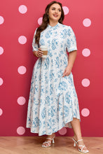 Load image into Gallery viewer, Sky Blue Plus Size Geometric Floral Print Button Split Neck Short Sleeve Maxi Dress