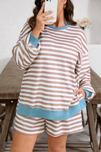 Load image into Gallery viewer, Khaki Stripe Contrast Edge Drop Shoulder Pullover and Shorts Plus Size Set