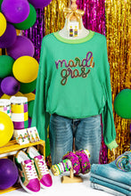 Load image into Gallery viewer, Bright Green Twisted Ribbed mardi gras Sequin Graphic Exposed Seam Patchwork Pullover Top