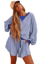 Load image into Gallery viewer, Blue Stripe Oversized Long Sleeve Top Drawstring Loose Shorts 2pcs Set