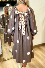 Load image into Gallery viewer, Brown Polka Dot Contrast Bow Knot Back Long Sleeve Midi Dress