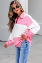 Load image into Gallery viewer, Rose Red Color Block Ricrac Trim Patchwork Collar V Neck Long Sleeve Top
