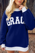 Load image into Gallery viewer, Dirty blue Polka Dot Trim High Neck GRACE Letter Graphic Baggy Sweatshirt