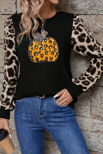 Load image into Gallery viewer, Khaki Leopard Sleeve Pumpkin Print Graphic Knit Top