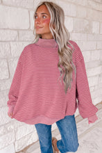 Load image into Gallery viewer, Green Stripe Ribbed Color Block Mock Neck Oversized Sweatshirt