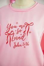 Load image into Gallery viewer, Pink you are so loved Valentines Day Bow Embroidered Graphic Pullover Top