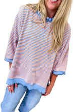 Load image into Gallery viewer, Sky Blue Stripe Colorblock Scalloped Trim Loose 3/4 Sleeve Top