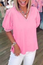 Load image into Gallery viewer, Turquoise Solid Color V Neck Short Puff Sleeve Blouse