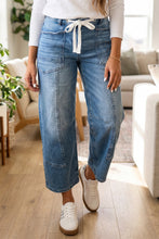 Load image into Gallery viewer, Beau Blue Solid Patchwork Grommet Tie Waist Loose Ankle-Length Jeans