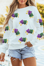 Load image into Gallery viewer, White Sequined Mardi Gras Mask Pattern Drop Shoulder Sweatshirt