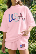 Load image into Gallery viewer, Light Pink USA Patriotic Sequin Graphic Mock Neck Oversize Tee Short Set