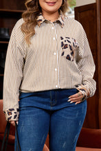 Load image into Gallery viewer, Brown Stripe Leopard Patched Collared Chest Pocket Cuffed Long Sleeve Plus Size Shirt