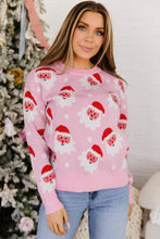 Load image into Gallery viewer, Pink Cartoon Santa Pattern Round Neck Dropped Shoulder Sweater