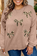 Load image into Gallery viewer, Dark Khaki Leopard Bow Embroidery Drop Shoulder Tunic Plus Size Sweater