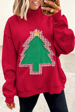 Load image into Gallery viewer, Fiery Red Frayed Applique Christmas Tree Mock Neck Pullover Sweatshirt