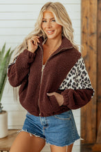 Load image into Gallery viewer, Coffee Leopard Patchwork Fleece Western Style Zip-up Collar Jacket