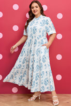 Load image into Gallery viewer, Sky Blue Plus Size Geometric Floral Print Button Split Neck Short Sleeve Maxi Dress