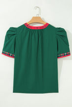 Load image into Gallery viewer, Evergreen Plaid Trim V Neck Short Sleeve Shift Blouse