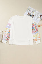 Load image into Gallery viewer, White Plus Size Exposed Seam Detail Contrast Dot Floral Patchwork Sleeve Sweatshirt