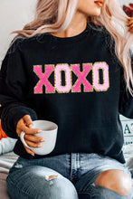 Load image into Gallery viewer, Black Chenille XOXO Patched Drop Shoulder Valentines Pullover Sweatshirt