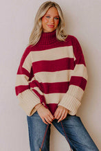 Load image into Gallery viewer, Red Stripe Ribbed Trim High Neck Relaxed Pullover Sweater