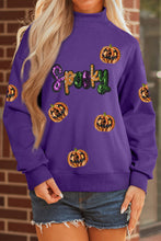 Load image into Gallery viewer, Tillandsia Purple Sequin Pumpkin Spooky Graphic Halloween Pullover Sweatshirt