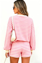 Load image into Gallery viewer, Pink Striped Long Sleeve Crew Neck Drawstring Waist Shorts Set