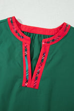 Load image into Gallery viewer, Evergreen Plaid Trim V Neck Short Sleeve Shift Blouse