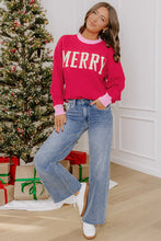 Load image into Gallery viewer, Red Drop Shoulder Round Neck Letter Print Colorblock Sweater