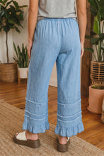 Load image into Gallery viewer, Dusk Blue Ruffled Hem Wide Leg Chambray Pants