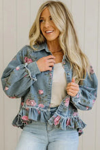Load image into Gallery viewer, Sky Blue Floral Print Raw Seam Ruffle Hem Denim Jacket